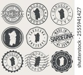 Sardinia, Italy Set of Stamps. Country Travel Marks. Made In Product. Design Seals Old Style Insignia.