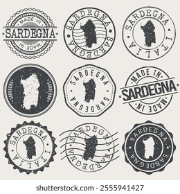 Sardinia, Italy Set of Stamps. Country Travel Marks. Made In Product. Design Seals Old Style Insignia.