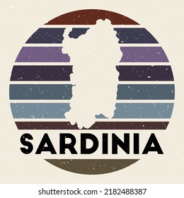 Sardinia logo. Sign with the map of island and colored stripes, vector illustration. Can be used as insignia, logotype, label, sticker or badge of the Sardinia.