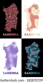 Sardinia map. Collection of map of Sardinia in dotted style. Borders of the island filled with rectangles for your design. Vector illustration.