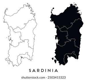 Sardinia map of regions districts vector black on white and outline