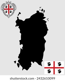 Sardinia map vector silhouette illustration isolated on white background. Province region of Italy. Mediterranean island Sardinia with coat of arms flag of Sardegna. Region symbol of Italian province.