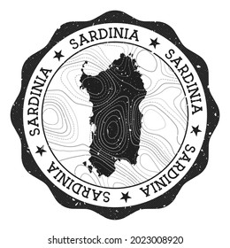 Sardinia outdoor stamp. Round sticker with map of island with topographic isolines. Vector illustration. Can be used as insignia, logotype, label, sticker or badge of the Sardinia.