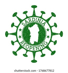 Sardinia Reopening Stamp. Green round badge of island with map of Sardinia. Island opening after lockdown. Vector illustration.
