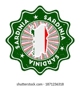 Sardinia round grunge stamp with island map and country flag. Vintage badge with circular text and stars, vector illustration.
