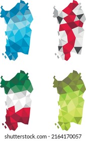 Sardinia, Sardigna island above in low poly polygon design vector illustration with italian and sardinian flag pattern.