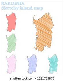 Sardinia sketchy island map. Likable hand-drawn illustration in a magnetic, childish style.