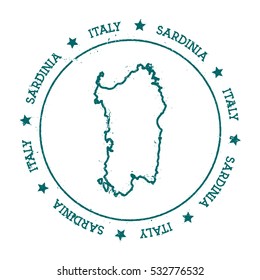 Sardinia vector map. Retro vintage insignia with island map. Distressed travel stamp with Sardinia text wrapped around a circle and stars. Sardinia map vector illustration.