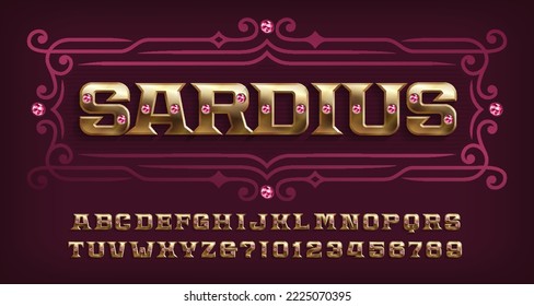 Sardius alphabet font. Gold letters and numbers with red gemstones. Stock vector typeface for your design.