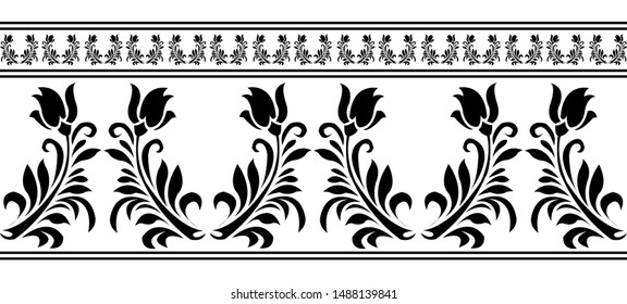 Saree Border design concept of Flower petals with Leaves - Indian Traditional and Cultural Rangoli, Alpona, Kolam or Paisley vector line art 