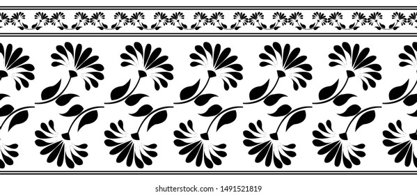Saree Border Design Concept of Flower with petals, Leaves and spirals - Indian Traditional and Cultural Rangoli, Alpona, Kolam or Paisley vector line art 