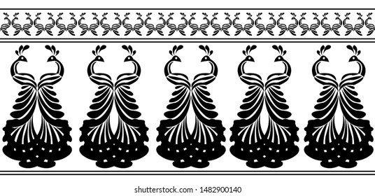 Saree Border design of Peacock with Feathers - Indian Traditional and Cultural Rangoli, Alpona, Kolam or Paisley vector line art 