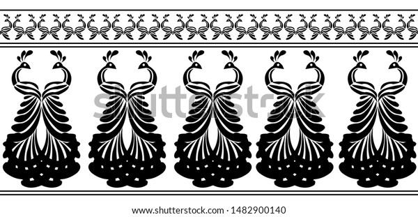 Saree Border design of Peacock with Feathers - Indian\
Traditional and Cultural Rangoli, Alpona, Kolam or Paisley vector\
line art 