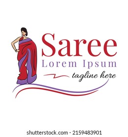 Saree fashion logo vector illustration with female art and dummy text on white background.