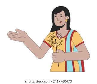 Saree indian lady holding sparkler 2D linear cartoon character. Black hair young adult isolated line vector person white background. Hindu festival of lights Deepawali color flat spot illustration