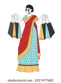 Saree korean woman holding bags for Diwali celebration 2D linear cartoon character. Adult female isolated line vector person white background. Hindu festival Deepawali color flat spot illustration
