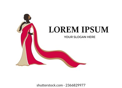 Saree logo design template. with women figure wearing  red saree dress . Women india dress or clothing logo design.