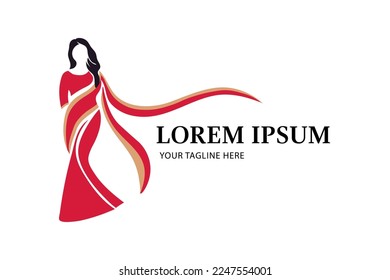 Saree logo design with women figure template. Women india  dress or clothing logo design.