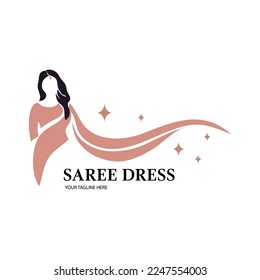 Saree logo design with women figure template. Women india  dress or clothing logo design.