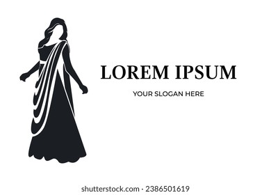 Saree logo design with women figure template. Women india dress or clothing logo design.