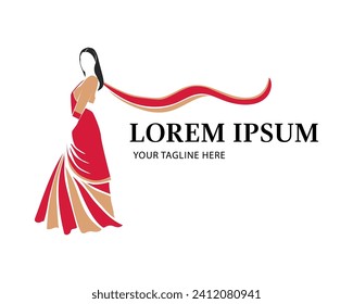 Saree logo design with women figure template. Women india dress or clothing logo design illustration 