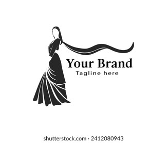 Saree logo design with women figure template. Women india dress or clothing logo design illustration 