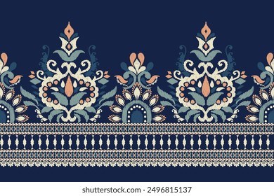 saree pattern.Ikat floral design pattern on navy blue background vector illustration.Ikat ethnic oriental embroidery traditional.Ikat Aztec style.design for texture,fabric,clothing,wrapping,decoration