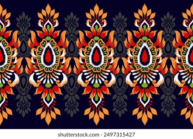 saree pattern.Ikat floral design pattern on black background vector illustration.Ikat ethnic oriental embroidery traditional.Ikat Aztec style.design for texture,fabric,clothing,wrapping,decoration