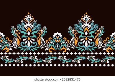 saree pattern.Ikat floral design pattern on black background vector illustration.Ikat ethnic oriental embroidery traditional.Ikat Aztec style.design for texture,fabric,clothing,wrapping,decoration.