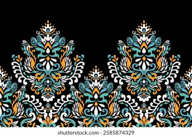 saree pattern.Ikat floral design pattern on black background vector illustration.Ikat ethnic oriental embroidery traditional.Ikat Aztec style.design for texture,fabric,clothing,wrapping,decoration.