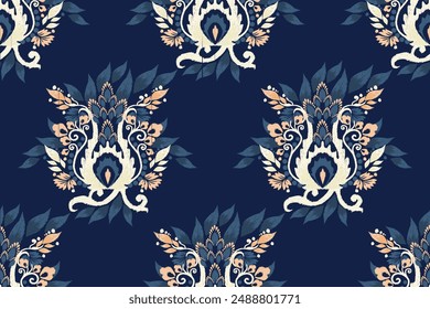 Saree pattern.Ikat floral design seamless pattern on navy blue background vector illustration.Ikat ethnic oriental embroidery,Aztec style.design for texture,fabric,clothing,wrapping paper,decoration