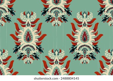 Saree pattern.Ikat floral design seamless pattern on green background vector illustration.Ikat ethnic oriental embroidery,Aztec style.design for texture,fabric,clothing,wrapping paper,decoration,print