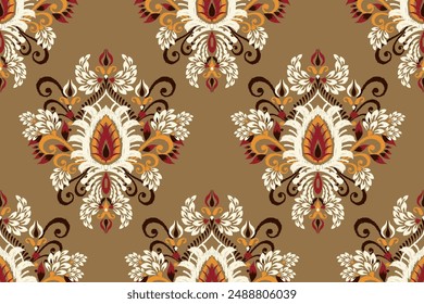 Saree pattern.Ikat floral design seamless pattern on brown background vector illustration.Ikat ethnic oriental embroidery,Aztec style.design for texture,fabric,clothing,wrapping paper,decoration,print