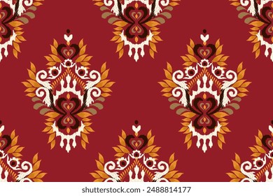 Saree pattern.Ikat floral design seamless pattern on red background vector illustration.Ikat ethnic oriental embroidery,Aztec style.design for texture,fabric,clothing,wrapping paper,decoration,print.