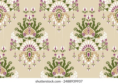 Saree pattern.Ikat floral design seamless pattern on brown background vector illustration.Ikat ethnic oriental embroidery,Aztec style.design for texture,fabric,clothing,wrapping paper,decoration,print