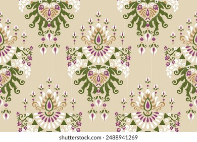 Saree pattern.Ikat floral design seamless pattern on brown background vector illustration.Ikat ethnic oriental embroidery,Aztec style.design for texture,fabric,clothing,wrapping paper,decoration,print