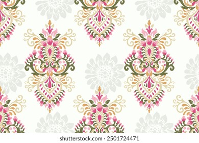 Saree pattern.Ikat floral design seamless pattern on white background vector illustration.Ikat ethnic oriental embroidery,Aztec style.design for texture,fabric,clothing,wrapping paper,decoration,print