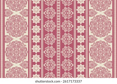 Saree Sarong Motifs Ikat floral paisley in cream color against a pink background.abstract oriental pattern, Indian ethnic traditional design for texture, fabric, clothing, wrapping, decoration