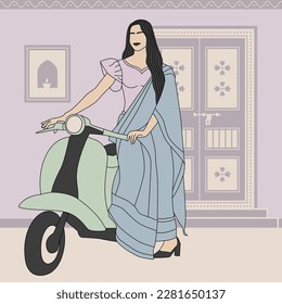 Saree traditional colorful illustration, Indian saree art, Pakistan and Indian traditional art, colorful art, wall painting, wall decor, Vespa