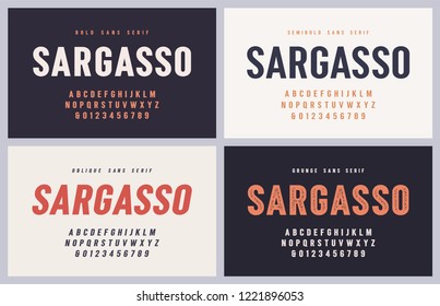 Sargasso negrito, semibold, oblíquo e grunge san serif vector font, alfabeto, typeface, letras maiúsculas e números. Amostras globais.