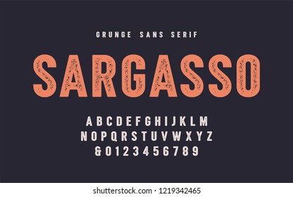 Sargasso grunge san serif vector font, alphabet, typeface, uppercase letters and numbers. Global swatches.