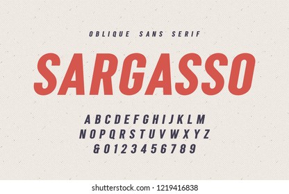 Sargasso oblique san serif vector font, alphabet, typeface, uppercase letters and numbers. Global swatches.
