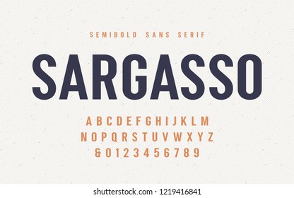 Sargasso semibold san serif vector font, alphabet, typeface, uppercase letters and numbers. Global swatches.