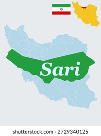 Sari Irán Mapa y Bandera - Mazandaran Province Capital, Mar Caspio Coastal City Vector Esquema