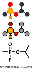 Sarin nerve agent molecule (chemical weapon). Stylized 2D renderings and conventional skeletal formula. 
