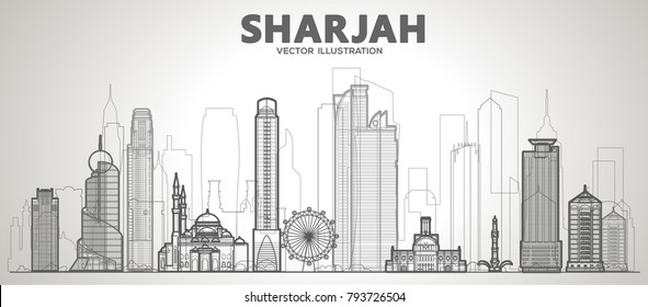 Sarjah line city skyline on a white background. Flat vector illustration. Business travel and tourism concept with modern buildings. Image for banner or web site