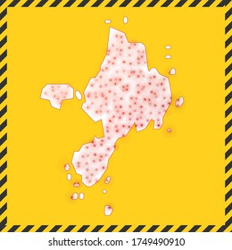 Sark closed - virus danger sign. Lockdown island icon. Black striped border around map with virus spread concept. Vector illustration.