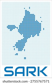 Sark digital style map with blue rounded rectangle dots. Guernsey. Dotted shape of the island. Sark blue colored map and title on white background. Creative Vector Illustration.