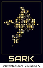 Sark digital style map. Large square dots on dark background. Dotted shape of the island. Sark map and title. Amazing vector illustration.