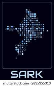 Sark digital style map. Large circle dots on dark background. Dotted shape of the island. Sark map and title. Modern vector illustration.